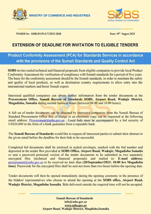 SoBS Extends Deadline for Tender No. SOBS/01/PCA/7|2023-2028
